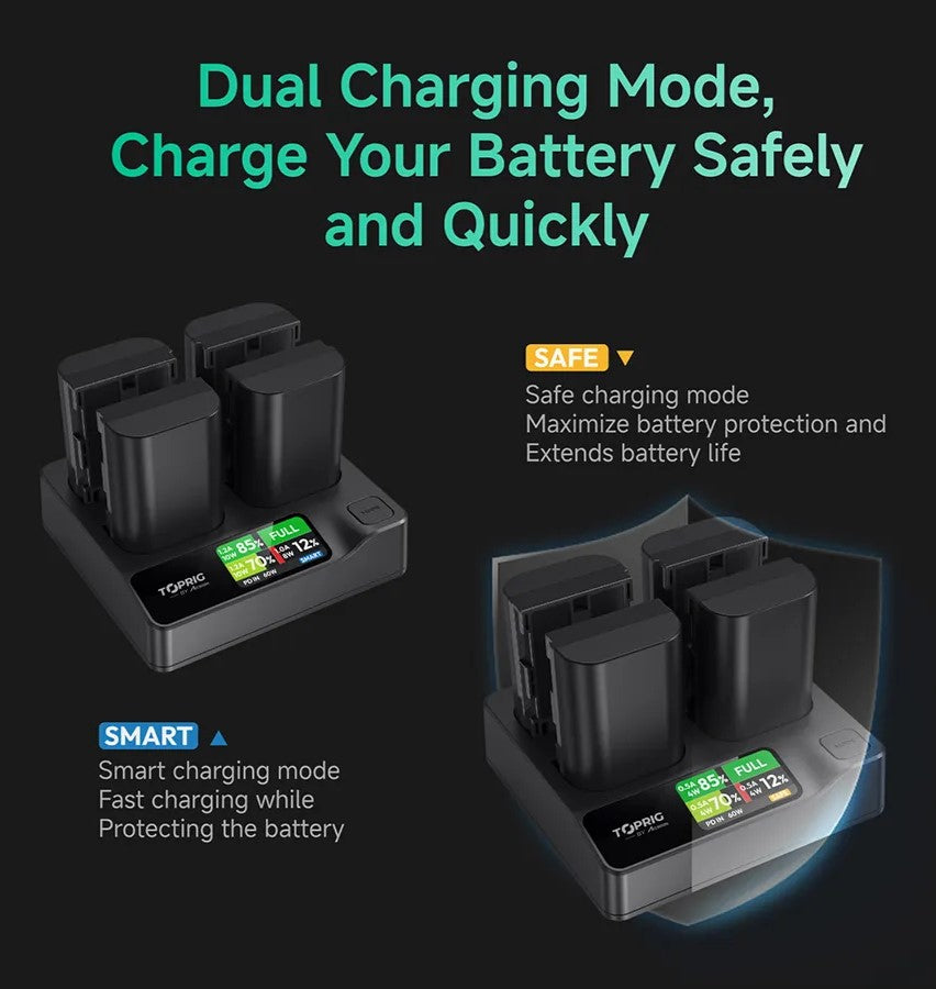 TOPRIG 4-Bay LP-E6 charger with dual charging modes for safe and fast battery charging