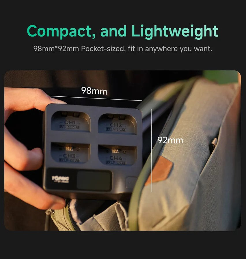 TOPRIG compact and lightweight LP-E6 battery charger with pocket size design