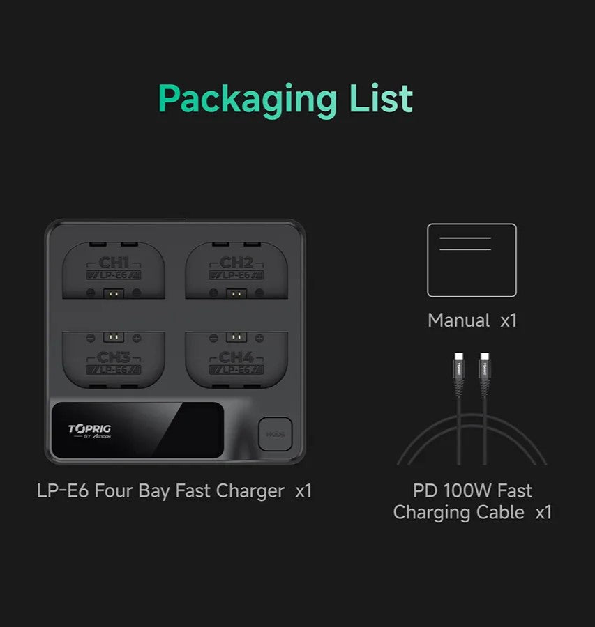 TOPRIG 4-Bay LP-E6 charger package contents and included accessories