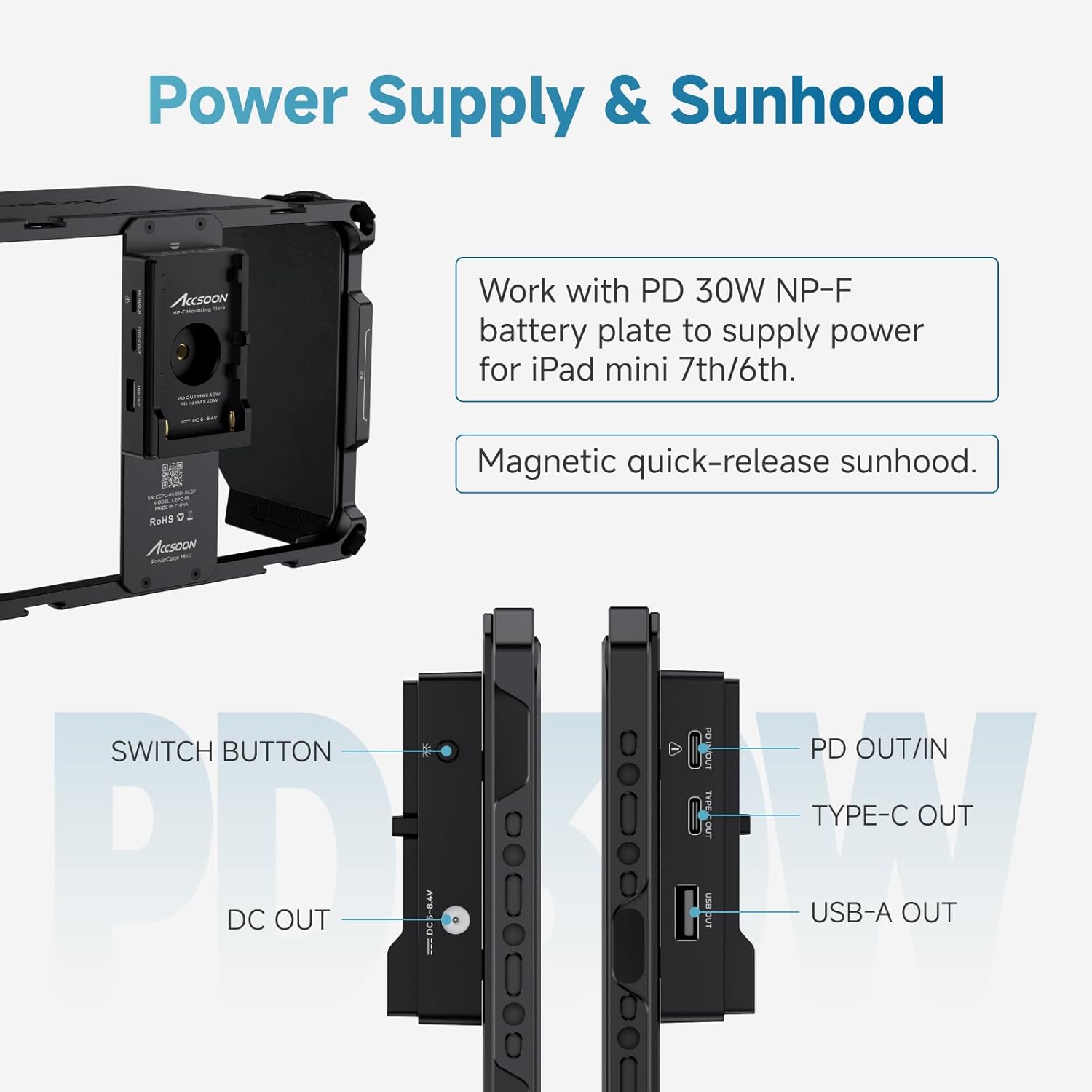 Accsoon PowerCage Mini iPad mini 6/7 Cage with Sunhood, NP-F Mount