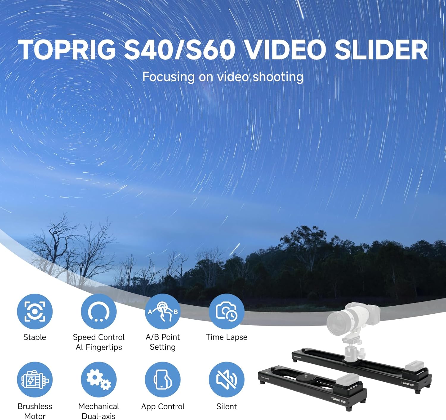 TOPRIG S40 / S60 Camera Slider, 120° Pan, 4kg Load, App Control